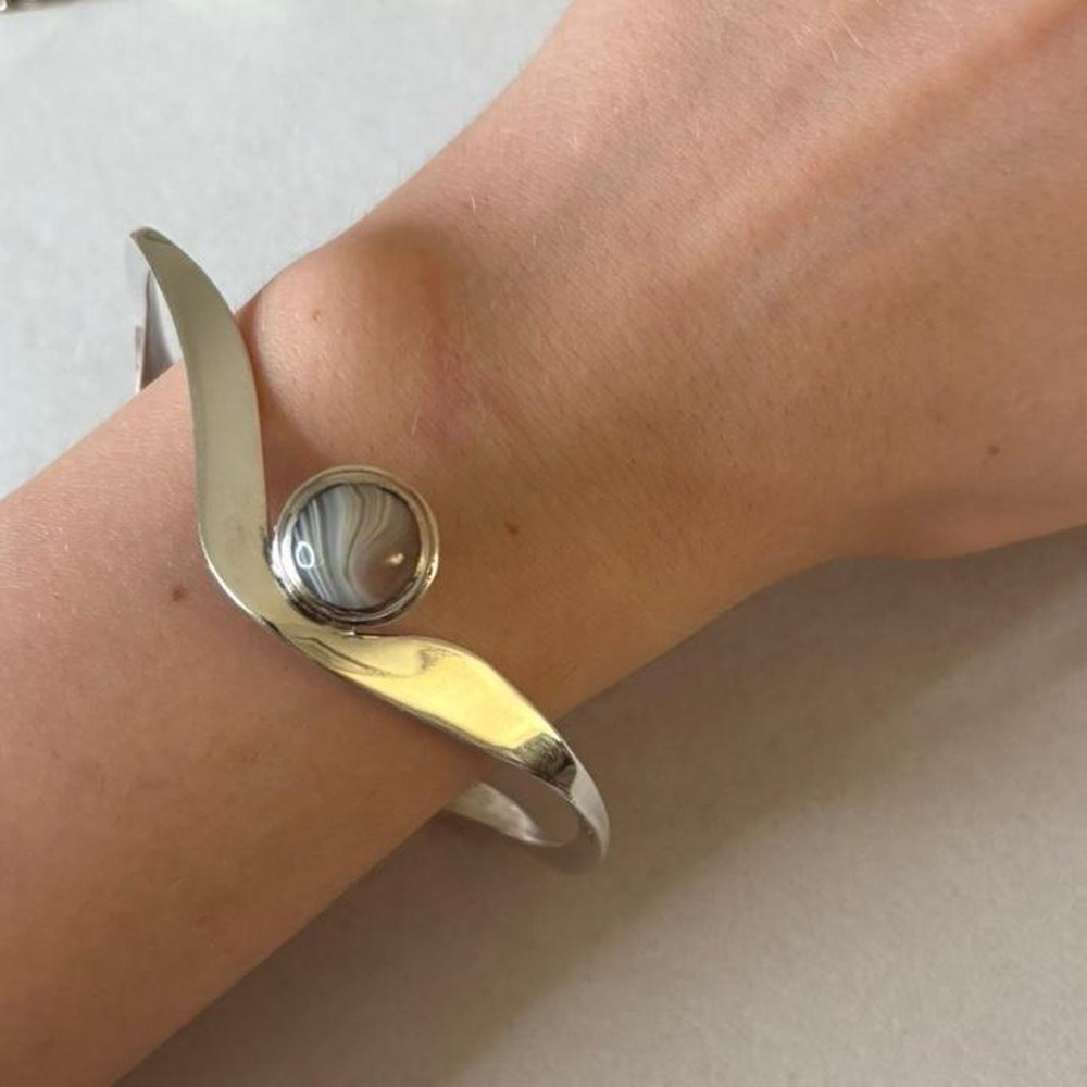 Vintage 925 Sterling Silver Lace Agate Open Cuff Bangle Statement Bracelet